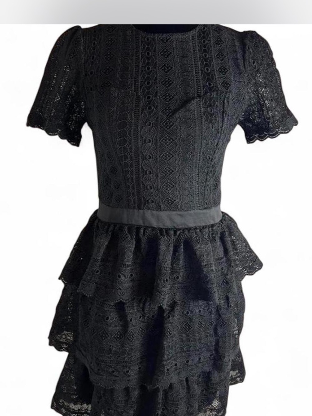 Express Black Lace Tiered Mini Dress with Puff Sleeves